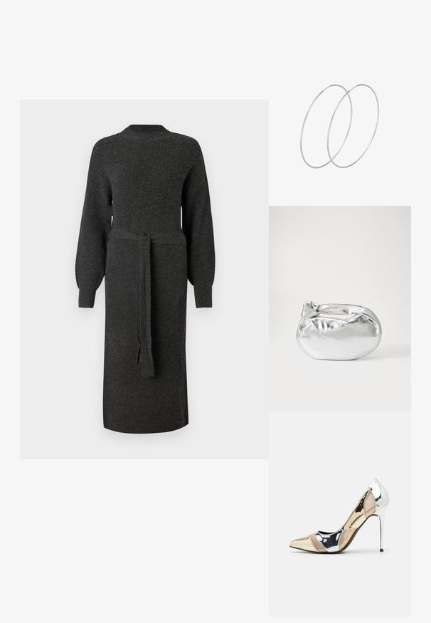 Mörkgrå stickad klänning med långa puffärmar och ett matchande bälte i midjan. Rakt silhuett och rundad halsringning.; Spetsig tå högklackad sko med en färgpalett av silver, guld och nude. Glansig yta med utskärningsdesign, utrustad med en stilettklack.; Silverfärgad metallisk påse med en mjuk, rundad form och en knutstängning upptill. Tillverkad av ett mjukt material i konstläder.; Silverfärgade hoopörhängen med en minimalistisk design. Cirkulär form, slät yta och tunn profil. Lätta med en polerad finish.