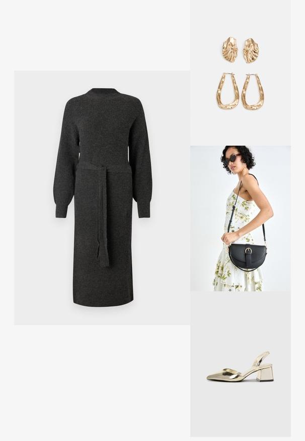 Mørkegrå strikket kjole med lange puffermer og et matchende belte i livet. Rett silhuett og rund halsåpning.; Gull, metallisk slingback-hæler med spiss tå og chunky hæl. Glatt tekstur, minimalistisk design og en smal stropp.; Svart lærveske med en buet form, avtagbar stropp og gullbeslag. Vesken har et klaff med spenne-detall.; Gullfargede øredobber med teksturerte, bølgete former. Inkluderer skulpturelle klipsstuds og åpen hoop-design med en hamret finish.