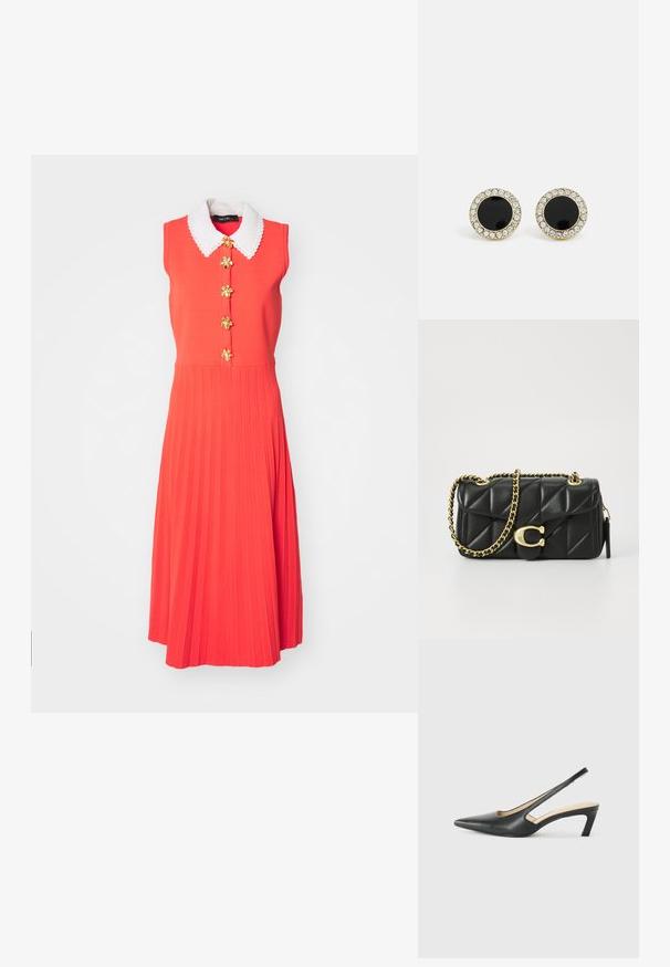 Punane ilma varrukateta kleit valge lainelise kraega, millel on kuldsed lillemustriga nupud ja volditud seelikud.; Must mustaga, terav varvas, madala kontsaga sildiga king, mis on valmistatud siledast nahast ja mille küljel on lõike disain hingavuse tagamiseks.; Mustad kootud nahast käsitasku, millel on kuldne ahelaga rihm ja klambri sulgemine, millel on ringikujuline aksessuaar. Kompaktne ristkülikukujuline kuju.; DKNY INLAY STUD - Kõrvarõngad - black/gold-coloured