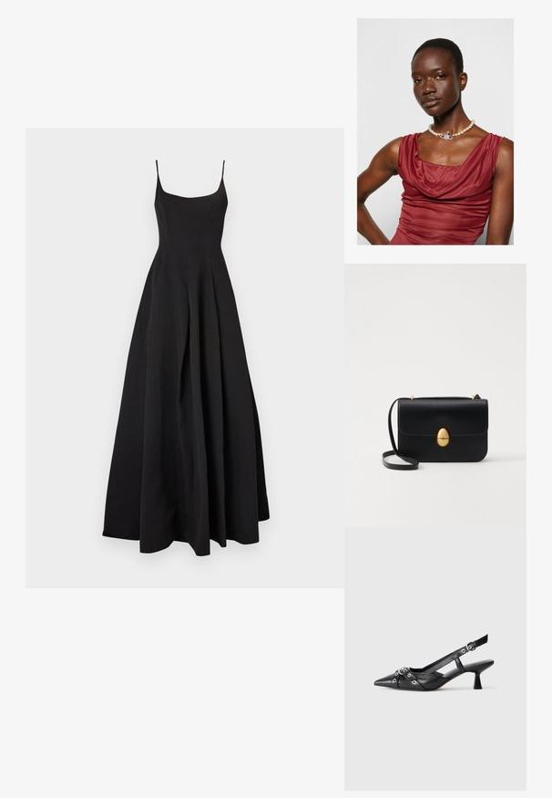 Melna bez piedurknēm kleita ar pieguļošu augšdaļu un plūstošu A-line svārku. Izgatavota no gludas auduma, ar klasisku siluetu un minimālu dizainu.; Melnas ādas šlipsveida kurpes ar norādītu purngalu, dekoratīvām joslām ar metāla acīm un zemu bloku papēdi. Teksturēta virsma.; Melnas ādas rokassomu ar strukturētu taisnstūra formu. Iespējas zelta ovāla slēdzis un plāns plecu siksna. Gluda tekstūra.; Dziļi sarkans kleitas ar kapuci, tam ir gluda tekstūra. Iezīmējas ar pērļu kaklarotu ar dekoratīvu sudraba akcentu centrā.