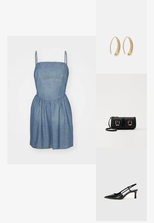 RE/DONE GATHERED DRESS - Teksakleit - paradise cove; Mustmust paelad, millel on terav varvas, tekstuuriga maduprindiga, reguleeritav rihm ja lühike tekstuuriga plokknina.; Must küllastamata nahast õlakott, millel on kaks esist nähtavat taskut, kuldsed pandlad, tõmblukuga sulgemine ja peen rihm. Tekstuuriga pind ja kompaktne ristkülikukujuline kuju.; Kuldtoonilised metallist rõngas kõrvarõngad, millel on kõver ja piklik kuju. Omavad siledat, läikivat pinda ja ümarat tipptugevdust, mis lisab detaili.