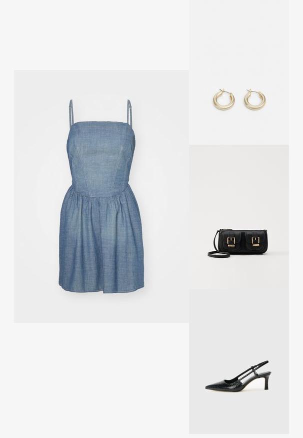 RE/DONE GATHERED DRESS - Obleka iz džinsa - paradise cove; Črne lakaste slingback pete s koničastim nosom, ki imajo teksturiran vzorec kačje kože, nastavljiv trak in kratek teksturiran blok peto.; Črna usnjena torbica čez ramo z dvema sprednjima žepoma, zlatimi zaponkami, zadrgo in ozkim pasom. Tekstura površine je strukturirana, obliko pa ima kompaktno pravokotno.; Lauren Ralph Lauren BASIC SMALL HOOP - Uhani - gold-coloured