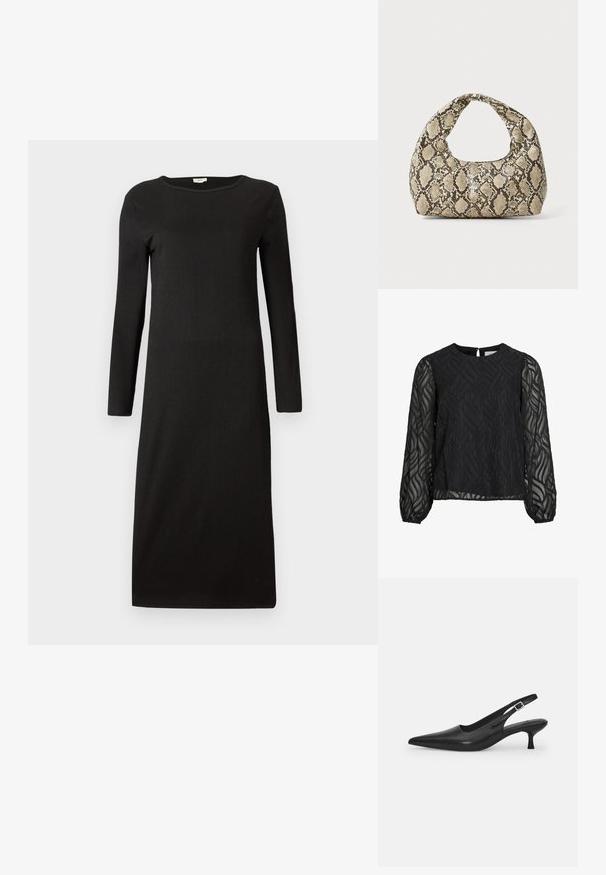 Juodas ilgomis rankovėmis su apvaliu iškirpimu ir tiesia siluetu. Lygi tekstūra, minimalistinis dizainas ir iki kelių ilgio.; Juoda bluzelė su ilgais permatomais rankovėmis, tekstūruotu lapų raštu, apvalia iškirpte ir mažu užsegimu gale.; Juodos odinės slingback bateliai su smailiu nosiu ir plonu, lenktu kulnu. Yra diskretiška reguliuojama juostelė su metaliniu sagtimi.; Gyvatės rašto rankinė su kreiviu rankenėle. Pagaminta iš tekstūruotų smėlio ir rudos spalvos medžiagų, su išskirtiniu rombo raštu.