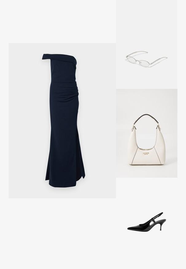 Mörkblå, en-axlad klänning med rynkdetaljer och en sidoflik. Tillverkad av ett mjukt, stretchigt material för en figurnära silhuett.; Svart lackläder slingback-pump med spetsig tå, öppna sidoutskärningar, smal klack och justerbart ankelsnöre.; Ovala glasögon med en metallisk silverram, klara linser och texturerade pärlaccenter på templets sidor. Lättviktsdesign med böjda skaft.; Vit texturerad handväska med en böjd silhuett, svarta accenter, guldlogotyp och ett kort handtag. Har en dragkedjestängning med hårdvarudetaljer.