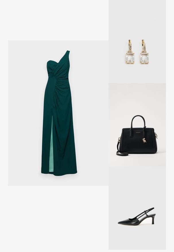 Zelené šaty na jedno rameno s nařasením na poprsí a po boku. Obsahují vysoký rozparek a splývavou látku. Hladký povrch.; Černé lakované slingback podpatky s špičatou špičkou, zdobené texturovaným hadím vzorem, nastavovacím páskem a krátkým texturovaným blokovým podpatkem.; Černá kožená kabelka se strukturovaným designem, dvojitými horními uchy, odnímatelným ramenním popruhem, zlatými doplňky a akcentem ve formě logového charm.; Náušnice ve zlatém odstínu s obdélníkovým, průhledným krystalem zavěšeným pod řadou malých, kulatých průhledných akcentů. Elegantní, moderní design.