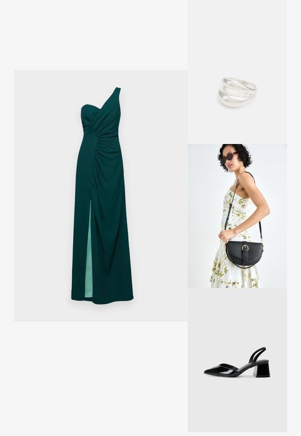 Zelena obleka z enim ramenom, z nabranim poudarjanjem na prsih in ob boku. Ima razporek do stegna in zračno tkanino. Gladka tekstura.; Črne lakirane slingback pete s koničastim nosom in geometrijsko blokasto peto. Imajo eleganten, minimalističen dizajn in gladko teksturo.; Črna usnjena torbica s ukrivljeno obliko, z odstranljivo naramnico in zlatimi dodatki. Torbica ima pokrov s podrobnostmi v obliki zaponke.; Srebrn dvojni prstan z gladko, polirano površino. Ima tekoč, ukrivljen dizajn z prekrivajočimi se sekcijami za sodoben videz.