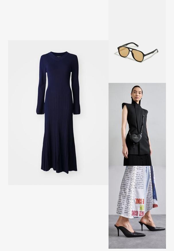 rag & bone AUSTEN DRESS - Robe longue - navy; Mules en cuir noir avec un bout pointu et un talon aiguille, associés à un vêtement blanc à motifs avec des détails à lacets.; Lunettes de soleil noires avec des verres teintés marron ; forme rectangulaire avec une monture épaisse, incluant des détails discrets en métal sur les branches.; Haut sans manches noir avec des épaules structurées, associé à un sac en cuir noir en forme de cœur porté en travers du corps, doté de quincaillerie en argent et d'un logo.