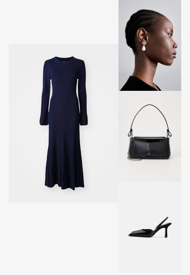 rag & bone AUSTEN DRESS - Maxikleid - navy; Schwarzer Leder Slingback-Absatz mit spitz zulaufender Zehenpartie, minimalistisches Design, dünner Knöchelriemen und eleganter Stiletto-Absatz. Glatte Textur.; Schwarze Lackleder-Handtasche mit rechteckiger Form, Kettenriemen und einem markanten Hardware-Akzent in der Mitte. Glatte Textur.; Tory Burch STAR DROP EARRING - Ohrringe - silver-coloured