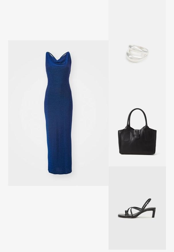 Garšs, pieguļošs vakara kleita tums zilā krāsā ar apvalku ap kaklu un bez piedurknēm, kurai ir gluda, nedaudz mirdzoša tekstūra.; Melnas strappy sandales ar kvadrātveida purngaliem un zemu bloku papēdi. Ievērojamas ar vairākiem plāniem siksniņām un regulējamu potītes siksniņu. Izgatavotas no gludas ādas.; Melnas ādas somiņa ar gludu tekstūru, strukturētu formu, divām rokturām un izteiktu sudraba sprādzi priekšpusē.; Sudraba divu joslu gredzens ar gludu, pulētu virsmu. Iezīmējas ar plūstošu, izliekta dizaina struktūru ar pārklājošām sekcijām modernam izskatam.