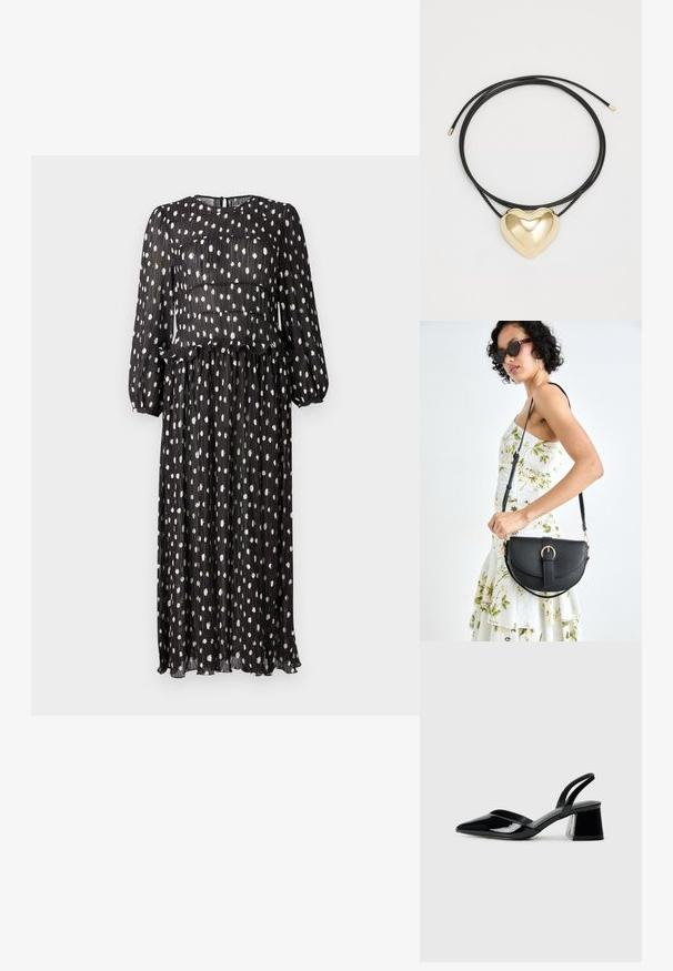 Juoda klostuota suknelė su ilgomis rankovėmis, dekoruota baltais taškelių raštais ir volanų apdaila juosmens srityje. Uždarymas su užtrauktuku gale.; Juodos lakuotos odinės šlepetės su smailiu pirštu ir geometriniu bloko kulnu. Turi elegantišką, minimalistinį dizainą ir lygų paviršių.; Juodas odinis krepšys su išlenkta forma, nuimamu dirželiu ir auksiniais detalėmis. Krepšys turi kilpą su sagtimi.; Juodas pintas virvutės vėrinys su poliruotu auksiniu širdies pakabuku, pasižyminčiu švelniomis formomis ir blizgiu paviršiumi.