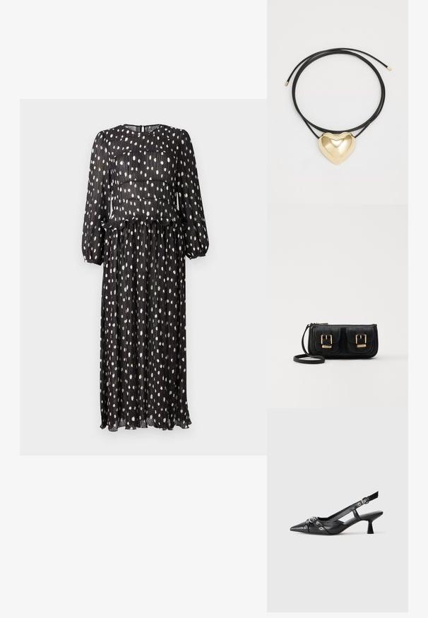 Crna plisirana haljina s dugim rukavima, s bijelim točkicama i volanom na rubu oko struka. Zatvaranje na patentni zatvarač straga.; Crne kožne cipele s remenom oko pete, s izduženim vrhom, dekorativnim trakama s metalnim rupama i niskom blok petom. Teksturirana površina.; Crna kožna torba preko ramena s dva prednja džepa, zlatnim kopčama, zatvaranjem na zip i uskim remenom. Teksturirana površina i kompaktan pravokutan oblik.; Crni pleteni kabel ogrlica s poliranim zlatnim privjeskom u obliku srca s glatkim zaobljenim linijama i sjajnom finišom.