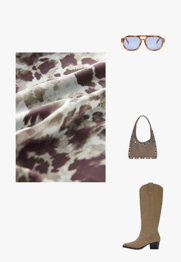 Lahka tkanina z fluidnim dizajnom v bež in rjavi abstraktni vzorec, mehka tekstura in nežno padajoče drape.; Biege suknje do kolen iz nubuk kože z ostrim nosom, nabranim peto in šivanim detajlom ob straneh. Gladka tekstura in strukturiran dizajn.; Sonce zaščitna očala v torto v barvi s sivimi lečami, angularna zasnova, debel okvir in izrez za nos; zlat poudarek na tempeljih.; PULL&BEAR SHOPPER - Torba za nakupovanje - grey