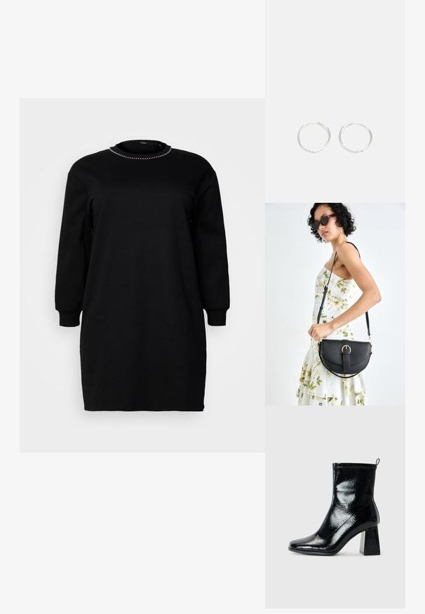 Fekete pulóver ruha hosszú ujjal, bordázott nyakkivágással és rugalmas mandzsettával. Simaság jellemzi, laza fazon, térd feletti hosszúsággal.; Fekete lakk bokacsizma négyszögletű orral és vaskos geometrikus sarkakkal. Simára csiszolt, fényes felülettel rendelkezik, valamint hátsó húzófüllel a könnyű felhúzás érdekében.; Fekete bőrtáska ívelt formával, levehető pánttal és arany színű fémrészekkel. A táskán egy csattal díszített fedél található.; Ezüst karika fülbevalók, letisztult, kerek formával, sima felülettel és látható díszítés nélkül. A átmérő nem megadott.