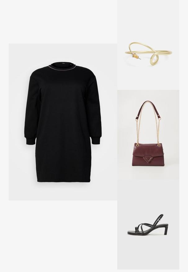 Melna džemperkleita ar garām piedurknēm, ribota apkakle un elastīgas aproces. Gluda tekstūra, brīvs piegriezums un vidus augšstilba garums.; Melnas strappy sandales ar kvadrātveida purngaliem un zemu bloku papēdi. Ievērojamas ar vairākiem plāniem siksniņām un regulējamu potītes siksniņu. Izgatavotas no gludas ādas.; Burgundijas krāsas ādas rokassoma ar locītu vāku, kurai ir zelta ķēdes siksna un trīsstūra metāla akcents priekšpusē. Gluda tekstūra.; Zelta krāsas metāla aproce ar šķidrām, viļņveidīgām formām. Vienā galā ir neliels, izteikts sudraba krāsas akcents.
