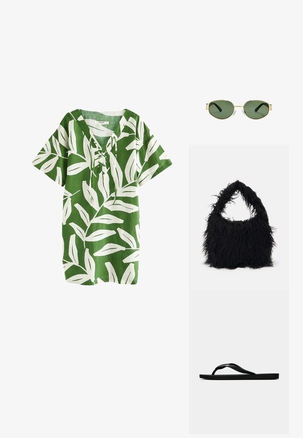 Zelená lněná tunika s bílým vzorem listů, krátké rukávy, výstřih do V s detailem na šněrování, uvolněný střih a rovný lem.; Černé gumové žabky s texturovaným páskem a jednoduchou plochou podrážkou, zobrazené z boku na světlém pozadí.; Sluneční brýle s metalickým zlatým rámem, zelenými skly, oválného tvaru, s černými stranicemi a průhlednými nosními podložkami. Čistý, minimalistický design.; Even&Odd Velká kabelka - black