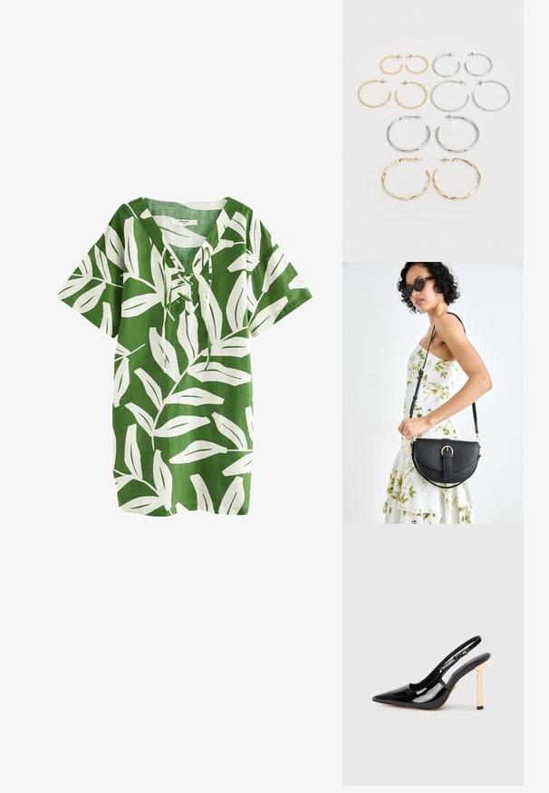 Roheline linane tunika valge lehe mustriga, lühikeste varrukatega, V-kaelusega ja nööri detailidega, lõdva lõikega ja sirge äärega.; Mustmust mustjalanik strappy kõrge kontsaga king, millel on terav nina ja kuldse tooni ruudukujuline kand. Omab reguleeritavat pahkluu rihma.; Mustmust mustraha kõverate joontega, eemaldatava rihmaga ja kuldsete detailidega. Kotil on klapp, millel on pandladetail.; Kaksitoista rõngaskõrvarõngast hõbe- ja kuldtoonides. Sisaldab keerutatud, siledat ja tekstureeritud disaini erinevates suurustes ja viimistlustes.