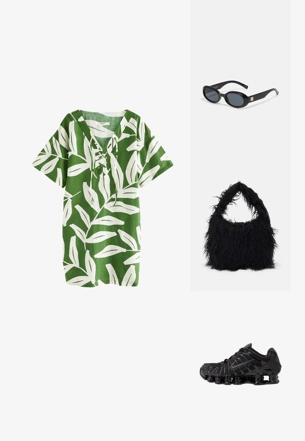 Grøn linned tunika med hvidt bladmønster, korte ærmer, V-hals med snørredetalje, afslappet pasform og lige kant.; Sort atletisk sko med mesh-overdel og glatte overlays. Har buet spiralbøsningsdæmpning og strukturerede linjer på siden. Nike-logoet er synligt.; Sorte ovale solbriller med mørke linser, glansfuld plastikramme, brede arme og en lille gul accent på den ene side.; Even&Odd Shopping bags - black