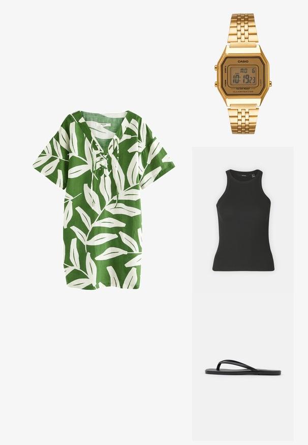 Žalias lino tunikas su balta lapų raštu, trumpomis rankovėmis, V formos iškirpte su raišteliu, laisvas siluetas ir tiesus apvadas.; Juodas įrengtas marškinėliai su aukštu apykaklės iškirpimu ir be rankovių dizainu. Pasižymi prisitaikančiu siluetu ir švelnia tekstūra.; Juodi šlepetės su minimalistiniu dizainu, plokščiu padu, siaurais dirželiais ir lygiu paviršiumi. Be papildomų raštų ar akcentų.; Auksinis skaitmeninis laikrodis su stačiakampiu ciferblatu, LCD ekranu, nerūdijančio plieno apyranke ir šoninėmis mygtukais. Yra nurodytas vandeniui atsparus ženklas.