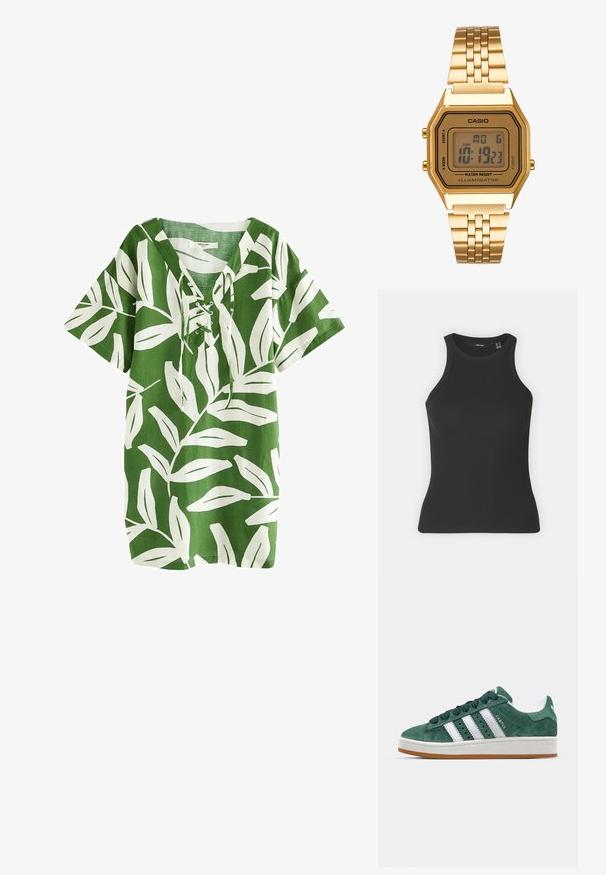 Grüne Leinen-Tunika mit weißem Blättermuster, kurzen Ärmeln, V-Ausschnitt mit Schnürdetails, lässigem Schnitt und geradem Saum.; Schwarzes, geripptes Tanktop mit hochgeschlossenem Kragen und ärmellosem Design. Verfügt über eine figurbetonte Silhouette und eine weiche Textur.; Grüne Wildleder-Sneaker mit weißen Lederstreifen, Gummisohle, gepolsterter Kragen und minimalistischem Design. Mit Branding an der Seite.; Goldene Digitaluhr mit quadratischem Ziffernblatt, LCD-Display, Edelstahlarmband und Tasten an der Seite. Verfügt über eine wasserdichte Kennzeichnung.