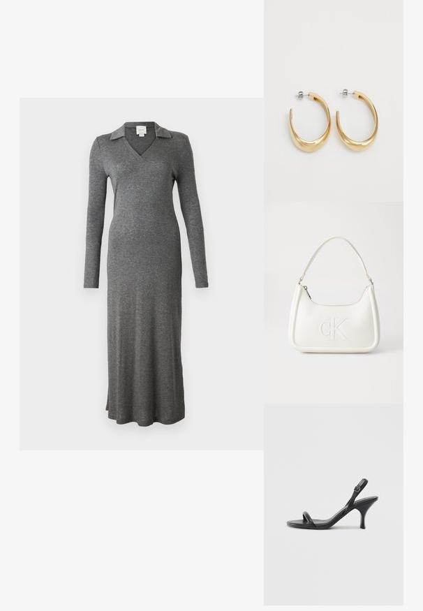Rochie gri cu mânecă lungă, realizată dintr-un material moale, având un guler la gât și un design fluid cu o fante laterală în partea de jos.; Sandale cu toc înalt din piele neagră, cu un toc subțire și curbat și un design cu curea încrucișată. Curea la gleznă ajustabilă. Textură netedă.; Geantă de umăr din piele albă cu formă curbată, având un logo "CK" embosat pe partea din față și un singur braț de umăr. Închidere cu fermoar în partea de sus.; Cercei cercei de tip hoop de culoare aurie, cu un design neted și curbat. Fabricate din metal, având un finisaj elegant și închidere cu tijă.