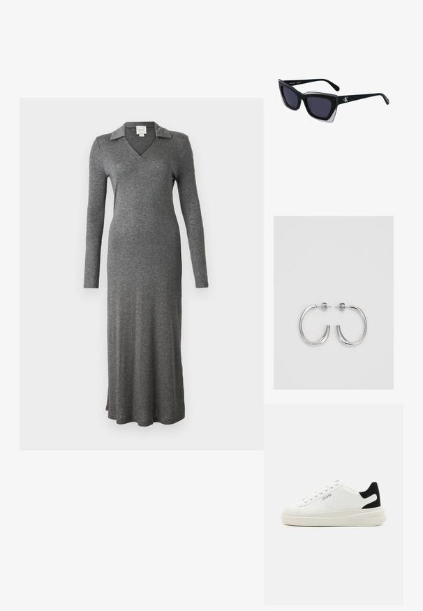 Pilkos spalvos ilgos rankovės suknelė, pagaminta iš minkštos medžiagos, turinti apykaklės iškirpę ir laisvą dizainą su šoniniu skilimu apačioje.; Baltos odinės sportbačiai su storu baltu padu, juodu nubuko kulno akcentu ir iškilmingu logotipu šone. Su raišteliais, turinčiais šešis akinius.; Juodos didelės saulės akinių su geometrine forma, turinčiais tamsius objektyvus ir kontrastingą pilką detalę ant rėmelio. Logotipas ant šalon.; Sidabrinės auskarai žiedai su lygiu, blizgiu paviršiumi. Suapvalinta forma, lengvas dizainas, su uždarymu ant smeigtuko.