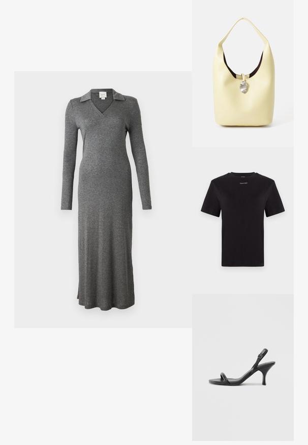 Siva dolga obleka z dolgimi rokavi iz mehkega materiala, z ovratnikom in gladkim krojem ter stranskim razporkom na dnu.; Črna bombažna majica s kratkimi rokavi, okroglim izrezom in majhnim belim logotipom "Calvin Klein" na prsih. Gladka tekstura, klasičen kroj.; Črne usnjene visoke sandale s tankim, ukrivljenim petam in obliko križanih trakov. Nastavljiv trak okoli gležnja. Gladka tekstura.; Hobo torba iz mehkega rumenega usnja z zaobljeno obliko. Ima gladko površino, temno notranjost in srebrn poudarek na zapiranju.