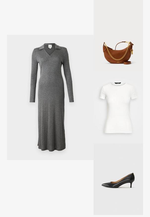 Sivá dlhá šaty s dlhým rukávom vyrobené z mäkkej tkaniny, s golierom a splývavým dizajnom, s postranným rozparkom na spodnej časti.; Biele bavlnené tričko s krátkymi rukávmi, okrúhlym výstrihom, priliehavým strihom a hladkou textúrou. Logo nášivka na výstrihu.; Čierny kožený podpatek s špicatou špičkou, nízkym opätkom a hladkým povrchom. Obsahuje mierne otvorenie vpredu a minimálne kovové detaily na zadnej strane.; Hnedá kožená kabelka s zakriveným dizajnom, zlatým reťazovým popruhom, vnútornou kapsou a odnímateľným ramenným popruhom. Obsahuje kontrastné švy.