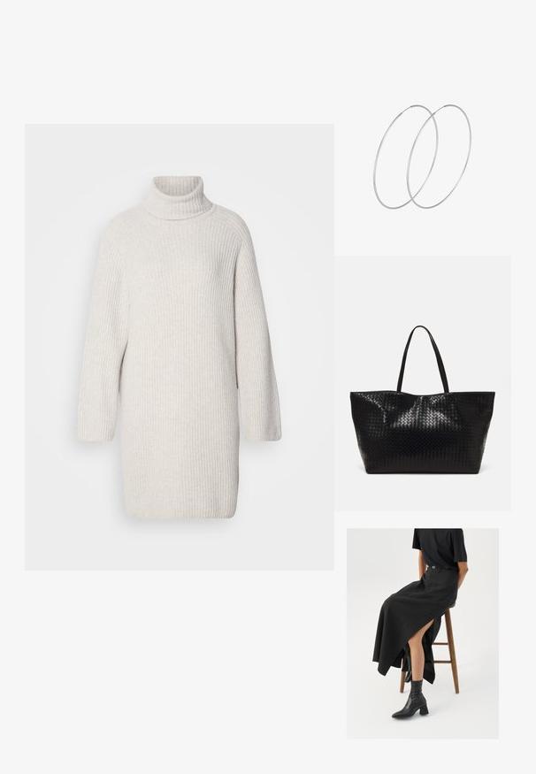 Jasnoszara dzianinowa sukienka typu golf z długimi rękawami i luźnym krojem. Miękka tekstura i długość do kolan.; Czarna lniana spódnica maxi z wysokim rozcięciem, noszona z czarnym t-shirtem i czarnymi botkami sięgającymi kostek. Minimalistyczny design z luźnym krojem.; Czarna pleciona torba na ramię z dwoma mocnymi uchwytami, charakteryzująca się błyszczącą powierzchnią i przestronnym otwartym topem.; Srebrne kolczyki w formie obręczy o minimalistycznym designie. Okrągły kształt, gładka faktura i cienki profil. Lekkie, z polerowanym wykończeniem.