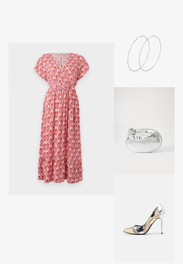 Maxi dress with a V-neck, short sleeves, and a cinched waist. Made of lightweight fabric with a red and pink diamond pattern and ruffled hem.; Pointed-toe high heel shoe with a silver, gold, and nude color scheme. Glossy finish with cutout design, featuring a stiletto heel.; Silver metallic pouch bag with a soft, rounded shape and a knotted top closure. Made from smooth faux leather material.; Silver hoop earrings with a minimalist design. Circular shape, smooth texture, and thin profile. Lightweight with a polished finish.