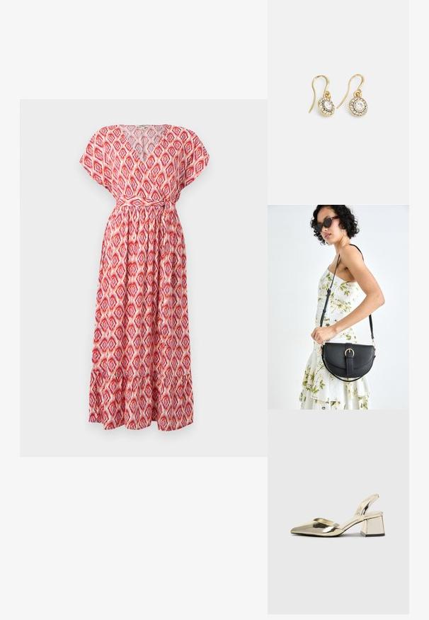 Maxiklänning med V-ringning, korta ärmar och åtsittande midja. Tillverkad av lätt tyg med ett röd-och-pink rutmönster och volangkant.; Guld, metalliska slingback-klackar med spetsig tå och chunky klack. Slät textur, minimalistisk design och en smal rem.; Svart läderhandväska med en böjd form, avtagbar rem och guldiga detaljer. Väskan har ett lock med en spänndetalj.; Guldtonade örhängen med ovalformade klara kristaller omgivna av mindre klara stenar, med en krokdesign för säker användning.