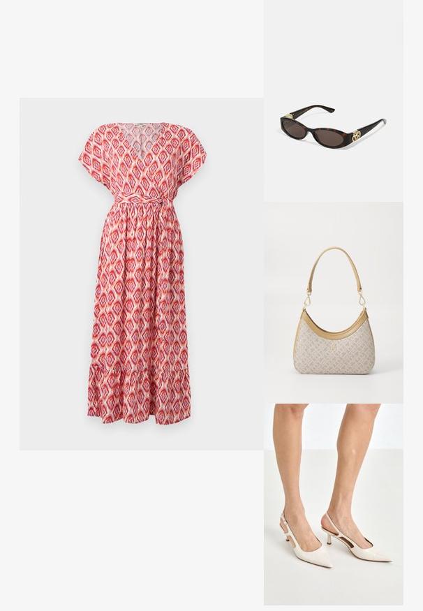 Maxi-jurk met een V-hals, korte mouwen en een ceintuur in de taille. Gemaakt van lichte stof met een rood en roze ruitpatroon en een gerimpelde zoom.; Beige gepatineerde leren slingback hakken met een spitze neus en een hak van 5 cm, met uitsparingen aan de zijkanten en een dunne enkelband.; Schildpadbril met langwerpige ovale lenzen, bruine tint, gouden logo-accenten op de pootjes en slanke zwarte armen.; Beige handtas met een patroon en een gebogen vorm, leren accenten en een goudkleurig logo aan de voorkant. Beschikt over een kort handvat voor gemakkelijk dragen.; Parel- en kristallen ketting met een ronde, gehaakte ontwerp in lichte tinten, met afwisselend parels en sprankelende accenten, gedragen om de hals.