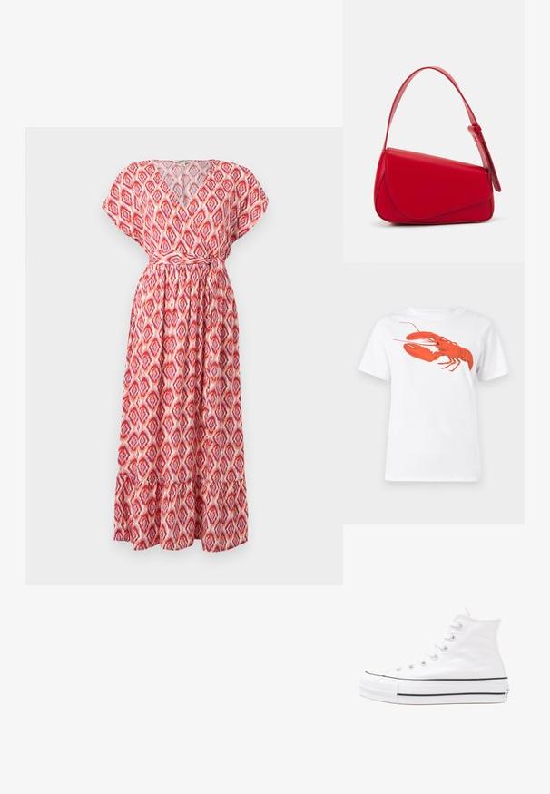 Rochie maxi cu decolteu în V, mâneci scurte și talie strânsă. Fabricată dintr-un material ușor, cu un model în diamante roșii și roz, și tiv ondulat.; Tricou alb din bumbac, cu un grafic mare, viu colorat de homar roșu pe față. Mâneci scurte și un guler standard de tip crew neck.; Adidași albi tip pantofi sport cu glezna din pânză, cu talpă din cauciuc negru, capac de vârf din cauciuc frontal și șase ochiuri pentru șireturi, având un design curat și minimalist.; Geantă de mână din piele roșie, cu un design unghiular și geometric. Dispune de o singură curea ajustabilă și un sistem de închidere cu clapetă, cu detalii cusute.