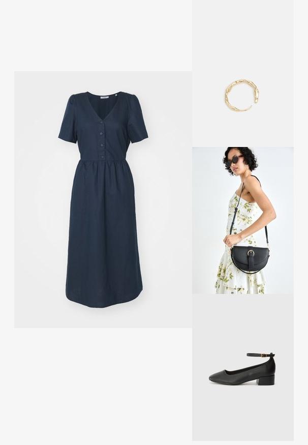 Abito di colore blu navy, con maniche corte, scollo a v, chiusura con bottoni e vita arricciata, caratterizzato da una texture liscia e una silhouette alla caviglia.; Pump in pelle nera con punta affusolata e tacco basso a blocco. Presenta una cinghia alla caviglia con una fibbia in tonalità oro. Texture liscia.; Borsa a tracolla nera in pelle con una forma curva, manico rimovibile e accessori dorati. La borsa presenta una patta con un dettaglio a fibbia.; Anello in tono oro con un design organico e Twisted, caratterizzato da una superficie liscia e punte affusolate, che crea un aspetto moderno e scultoreo.