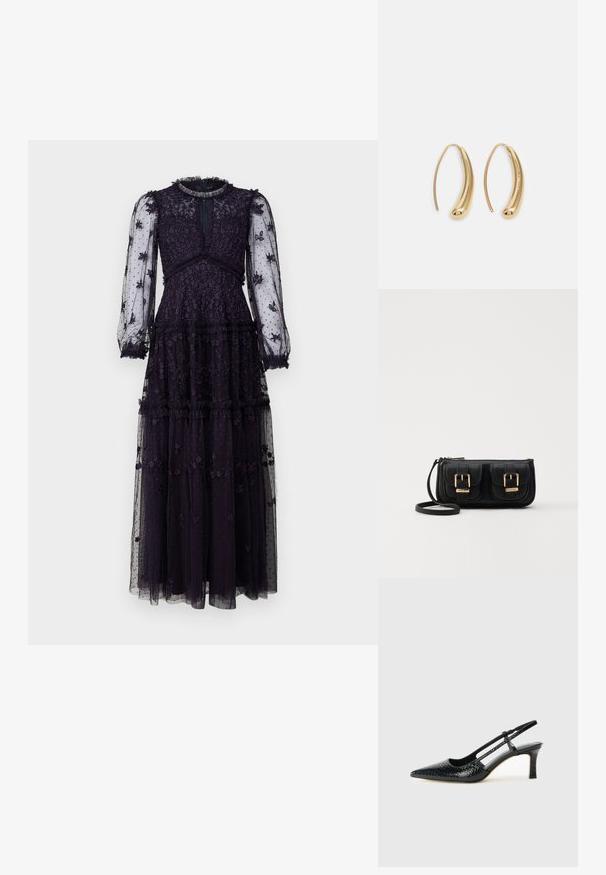 Long purple dress made of sheer fabric with embroidered floral patterns. Features long, puffed sleeves and frilled accents at the neckline and hem.; Black patent slingback heel with a pointed toe, featuring textured snake print, adjustable strap, and a short, textured block heel.; Black leather crossbody bag with two front pockets, gold buckles, zipper closure, and a slim strap. Textured surface and compact rectangular shape.; Gold-tone metal hoop earrings with a curved, elongated shape. Features a smooth, shiny surface and a rounded tip for added detail.