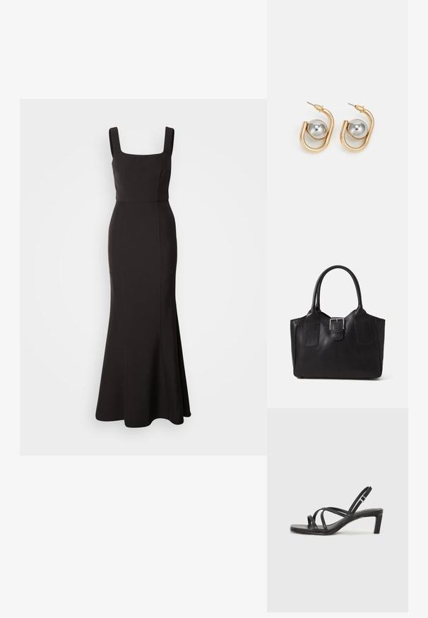 Rochie de seară neagră cu decolteu pătrat, bretele late, corset ajustat și tiv evazat. Fabricată dintr-un material neted, cu un design minimalist.; Sandal cu barete negre, cu vârf pătrat și toc mic de bloc. Prezintă mai multe barete subțiri și o bareta ajustabilă la gleznă. Fabricat din piele netedă.; Geantă tote din piele neagră cu textură netedă, formă structurată, două mânere și un detaliu proeminent din aliaj de argint pe partea din față.; Cercei aurii cu un design curbat, asemănător unui inel, având un accent sferic argintiu proeminent. Finisaj metalic lucios, cu închidere prin spate.