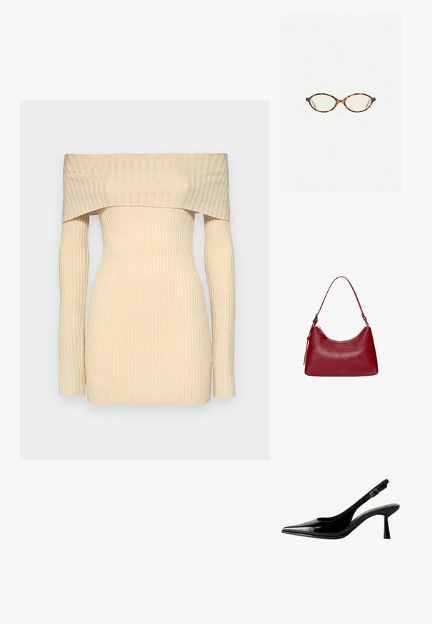 Svetre s odhalenými plecami v svetlo béžovej farbe, priliehavý strih s dlhými rukávmi, s hladkou textúrou a jemnými vertikálnymi líniami.; Čierne lakované kožené slingback lodičky s špicatou špičkou, vyrezávanými bokmi, nastaviteľným remienkom okolo členka a tenkým, elegantným podpätkom.; Korytnačkové okuliare s oválnymi šošovkami a hladkým, lesklým povrchom. Majú tenké strany s jemným zakrivením na spánkoch. Priehľadné šošovky.; Červená kožená taška cez rameno s zakriveným dizajnom, hladkou textúrou a zipsovým uzáverom. Obsahuje tenký popruh na nosenie.