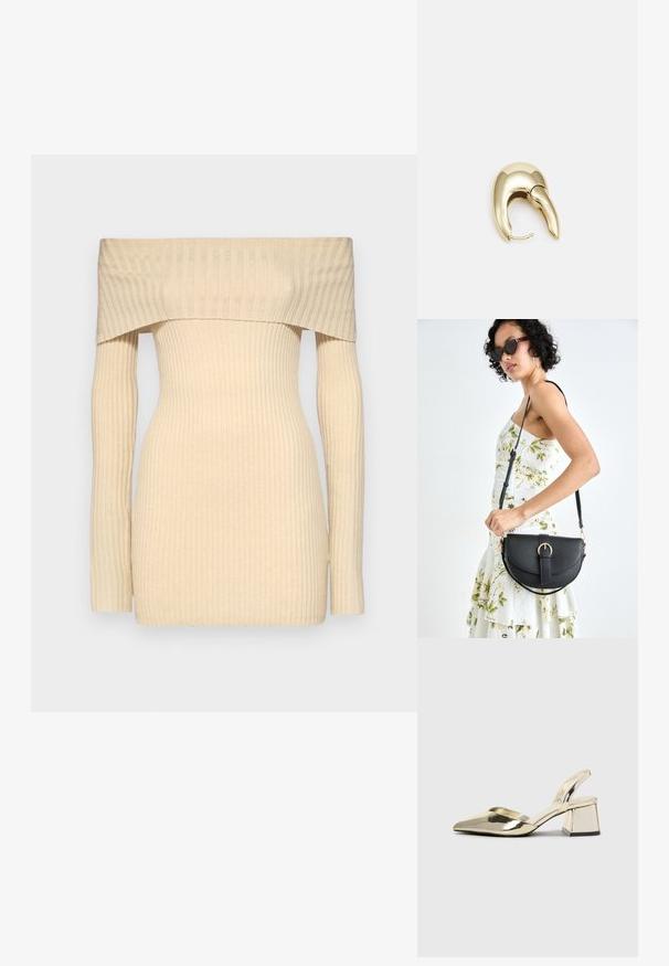 Kergelt õlavarrelt langev ribakudumist särk heledas beežis, kitsa lõikega, pikade säärega, sujuva tekstuuri ja peente vertikaalsete joontega.; Kuldne, metallilised slingback-kudumid terava varba ja paksu kontsaga. Sile tekstuur, minimalistlik disain ja kitsas rihm.; Mustmust mustraha kõverate joontega, eemaldatava rihmaga ja kuldsete detailidega. Kotil on klapp, millel on pandladetail.; Kuldtooni metallist kõrvarõngas, millel on elegantne ja kaarjas disain. Omab silmapaistvat teravat kuju, poleeritud pinda ja hingesulgemist.