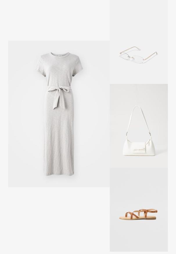 Szara, krótko rękawowa sukienka maxi z dopasowaną górą, dekoltem łódkowym i paskiem w talii. Wykonana z miękkiego, teksturowanego materiału z subtelnym wzorem.; Brązowe sandały skórzane z wieloma krzyżującymi się paskami, odkrytą palcą, płaską podeszwą oraz regulowanym paskiem na kostkę z małą metalową klamrą.; Złote metalowe okulary z owalnymi soczewkami, cienkimi zausznikami i przezroczystymi noskami. Posiadają subtelne akcenty zawiasów oraz przezroczyste soczewki.; Biała syntetyczna torba o trójkątnym kształcie, płaskim przednim klapce i detalach w postaci kokardy, regulowanym pasku, gładkiej fakturze oraz minimalistycznym designie.