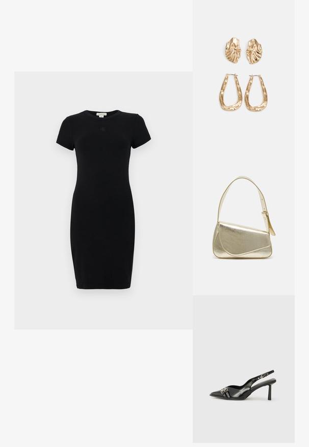 Czarna dopasowana sukienka wykonana z elastycznej bawełny, z krótkimi rękawami i okrągłym dekoltem, z małym logo na klatce piersiowej.; Czarne lakierowane buty typu slingback z ostrym noskiem, paskami na kostkach z srebrnymi klamrami i elementami metalowymi oraz smukłym obcasem.; Złota metaliczna torebka o strukturalnym designie, gładkiej powierzchni i regulowanym pasku. Charakteryzuje się unikalnym trójkątnym kształtem i minimalistycznym przeszyciem.; Złote kolczyki w odcieniu, prezentujące teksturowane, faliste kształty. Zawierają rzeźbiarskie klipsy i otwarty projekt kółek z młotkowanym wykończeniem.