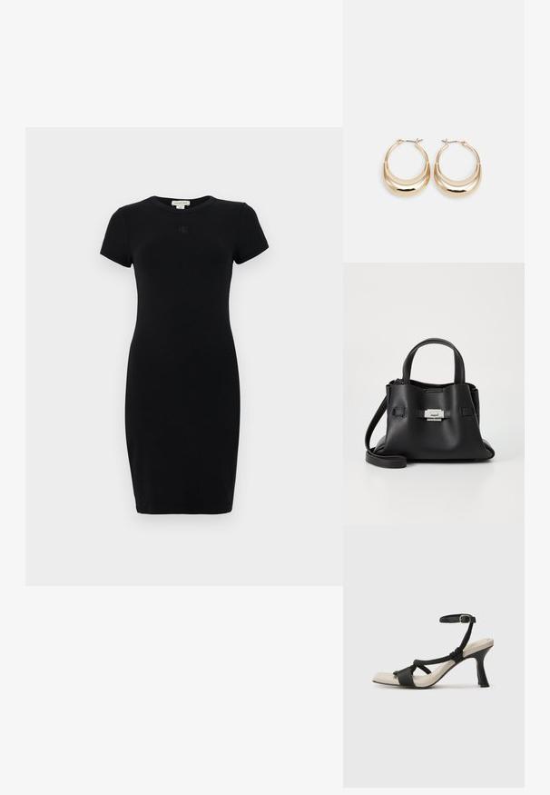 Vestido preto ajustado feito de algodão elástico, com mangas curtas e decote redondo, apresentando um pequeno detalhe de logotipo no peito.; Sandal com salto alto preto e design de tiras trançadas, bico quadrado e tira de tornozelo ajustável. Sola em tom bege claro com um salto preto brilhante.; Bolsa de mão de couro preto com um acabamento texturizado, apresentando duas alças superiores, uma alça de ombro destacável e um detalhe de fecho prateado.; Brincos em forma de argola em tom dourado, com um formato de crescente, superfície polida e fecho articulado. A textura suave e o acabamento reflexivo aumentam a visibilidade.