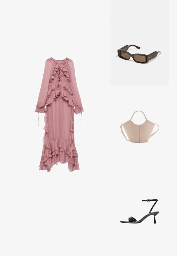 Mango ROYAL - Rochie maxi - pink; Bershka Sandale cu toc - black; Ochelari de soare Gucci cu lentile dreptunghiulare de culoare maro, ramă din acetat cu model țestoasă și detalii cu logo auriu pe brațe.; Geantă de mână bej din piele cu o formă unică, dotată cu două mânere scurte și o curea lungă ajustabilă. Textură netedă, cu hardware minim.