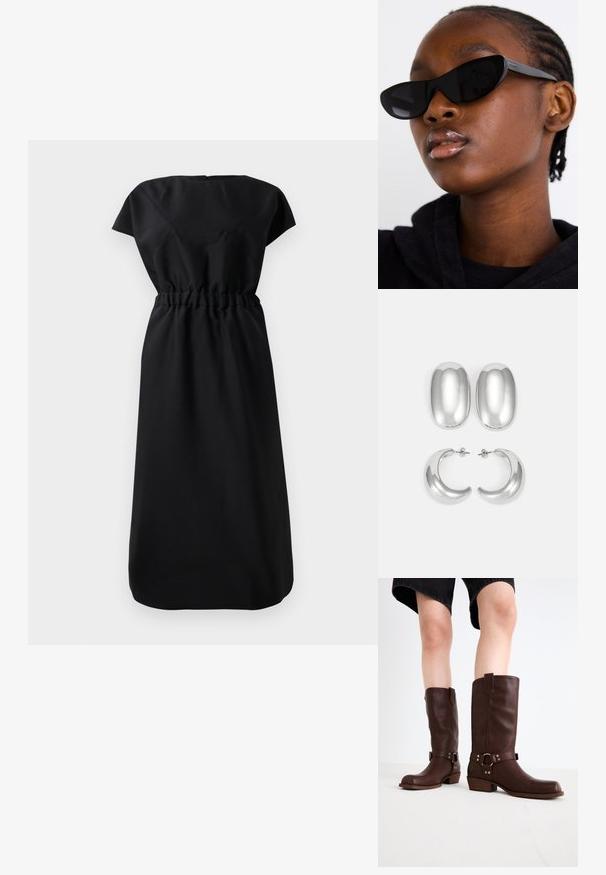 Rochie neagră până la genunchi, cu mâneci scurte și talie strânsă, prezentată din spate pe un fundal alb simplu.; Cizme din piele maro, până la genunchi, cu vârf rotunjit, suprafață texturată, curea la gleznă și detalii din metal argintiu; toc înălțat.; Ochelari de soare negri în stil cat-eye cu finisaj mat, având un design elegant și colțuri ușor curbe, amplasați pe ținuta întunecată a unui model.; Set de cercei argintii: două stud-uri ovale și două cercuri în formă de semilună, având un finisaj lucios și neted și un design rotunjit.