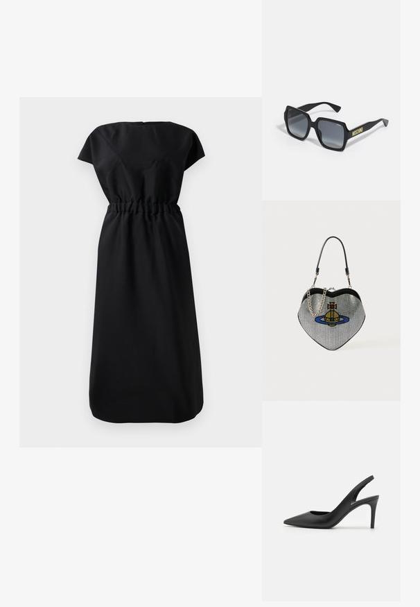 Black knee-length dress with short sleeves and gathered waist, shown from the back on a plain white background.; Black leather slingback high heels with a pointed toe design, featuring a cutout at the front and a thin stiletto heel.; Black square sunglasses with gradient gray lenses; features subtle accents and "MOSCHINO" branding in yellow on the arm.; Heart-shaped handbag made of mesh with a metallic finish, featuring a cat and planet design in blue, yellow, and red. Includes a chain strap.