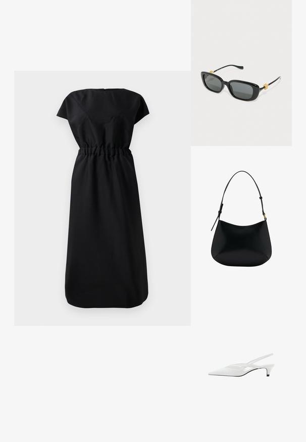 Crna haljina do koljena s kratkim rukavima i naboranim strukom, prikazana odostraga na jednostavnoj bijeloj pozadini.; Bijela slingback potpetica s oštrom punta, koja ima glatki gornji dio, suptilne izreze i nisku blok potpeticu. Crna potplata naglašava dizajn.; Crne pravokutne sunčane naočale sivoj leće i zlatnim naglascima s glavom lava na sljepoočnicama. Glatki plastični okvir, elegantan dizajn.; Crna kožna torba za rame s glatkom teksturom, zakrivljenim oblikom i podesivom drškom. Sadrži minimalne šavove i jednostavan dizajn.
