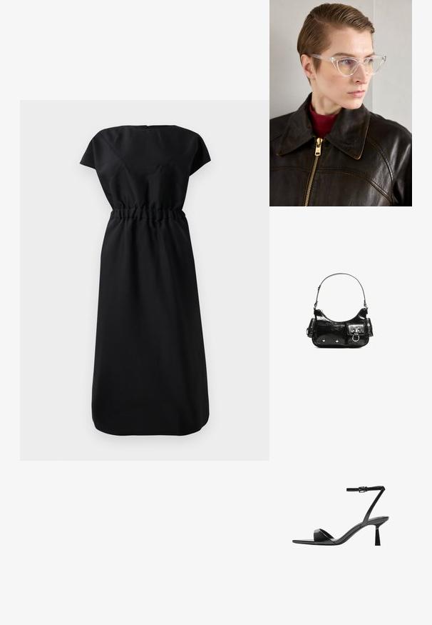 Crna haljina do koljena s kratkim rukavima i naboranim strukom, prikazana odostraga na jednostavnoj bijeloj pozadini.; Bershka Sandale s visokom petom - black; Prozirne acetatne mačke naočale s žutim staklima, koje nosi osoba u tamnoj kožnoj jakni i crvenom dolčeviti. Glatka tekstura.; Crna patentna kožna torba s zakrivljenim oblikom, jednim remenom za rame, prednjim džepovima i akcentima od srebrnog tona.