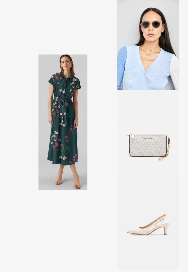 Μάξι φόρεμα με λουλουδάτο σχέδιο σε σκούρο πράσινο, κοντά μανίκια, κουμπιά μπροστά, ζωνάκι στη μέση, διακοσμημένο με ροζ και λευκά λουλούδια, ροή υφάσματος.; Λευκή γόβα slingback με μυτερή μύτη, λείο υλικό επάνω, χαμηλό τετράγωνο τακούνι και σχέδιο με κοπή στο πλάι με ρυθμιζόμενο λουρί κουμπώματος.; Στρογγυλά γυαλιά ηλίου με σκούρους φακούς και χρυσά σκελετό. Το μοντέλο φοράει ένα ανοιχτό μπλε, ριχτό cardigan με κουμπιά και αντίθετους λευκούς μανίκες.; Πορτοφόλι Michael Kors σε μπεζ επεξεργασμένο καμβά με επαναλαμβανόμενο μοτίβο λογοτύπου MK, χρυσές λεπτομέρειες και αποσπώμενη αλυσίδα.