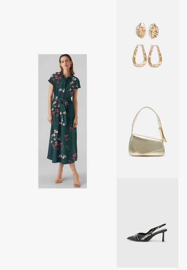 Žalia maksi suknelė su gėlių raštu, trumpomis rankovėmis, užsegama mygtukais priekyje, su juostos ryšiu liemenyje, su rožinėmis ir baltomis gėlėmis, plona ir sklandžia medžiaga.; Juodas lakuotas odinis batelis su smailiu pirštu, kulkšnies dirželiais su sidabrinėmis sagtimis ir detalėmis, bei plonu kulnu.; Aukso metalinės rankinės su struktūrizuotu dizainu, lygaus paviršiaus ir reguliuojama dirželiu. Pasižymi unikaliu trikampiu pavidalu ir minimalizmu siuvinėjime.; Auksinės auskarai, turintys tekstūruotus, bangų formos elementus. Įeina skulptūriniai segami auskarai ir atviri lankai su išmuštu paviršiumi.