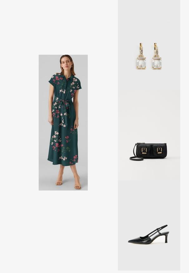 Blomstertrykt maxikjole i mørkegrønn, korte ermer, knappelukking foran, belte i midjen, med rosa og hvite blomster, luftig stoff.; Sorte patent slingback hæl med spids tå, featuring tekstureret slangeskind, justerbar rem og en kort, tekstureret blokhæl.; Svart skinn crossbody veske med to frontlommer, gyldne spenner, glidelåslukking og en slank stropp. Teksturert overflate og kompakt rektangulær form.; Gullfargede øreringer med en rektangulær, klar krystall som henger under en rad av små, runde klare akenter. Elegante, moderne design.