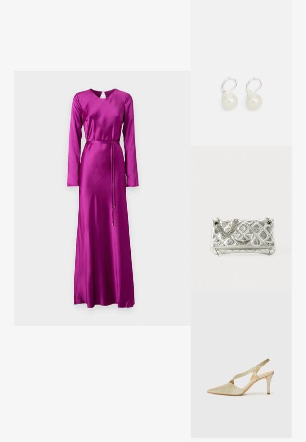 ML Monique Lhuillier MARIE LONG SLEEVE LONG DRESS - Apģērbs svinīgiem gadījumiem - mulberry; Mirdzoši zelta siksniņu pumps ar vērsto purngalu, plānu potītes siksnu un šauru papēdi. Virsma ir ar teksturētu metālisku apdari.; Sudraba metāla rokas soma ar ķēdes rokturi, piedāvā baudāmu struktūru, dekoratīvo šuvju un rāvējslēdzēju aizdari. Priekšpusē ir reljefa akcenti.; Pērļu pilienu auskari ar pulētu virsmu, ar sudraba toņa piekariņu un apaļām, baltām pērļām. Vienkāršs, klasiskas dizains.