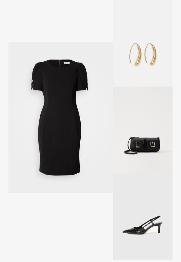 Μαύρο φόρεμα με εφαρμοστή σιλουέτα, κοντά φουσκωτά μανίκια και χρυσές διακοσμητικές λεπτομέρειες. Διαθέτει φερμουάρ στην πλάτη και λείο, υφασμάτινο υλικό.; Μαύρη πατέντα σλινγκμπάκ γόβα με μυτερή μύτη, διαθέτει υφή από φίδι, ρυθμιζόμενο λουρί και κοντή, υφή τετράγωνη φτέρνα.; Μαύρη δερμάτινη τσάντα ώμου με δύο μπροστινές τσέπες, χρυσά κούμπωματα, κλείσιμο με φερμουάρ και λεπτό λουρί. Υφή επιφάνειας και κομψό ορθογώνιο σχήμα.; Χρυσές μεταλλικές σκουλαρίκια κρίκοι με καμπυλωτό, ελκυστικό σχήμα. Περιλαμβάνουν μια λεία, γυαλιστερή επιφάνεια και στρογγυλή άκρη για πρόσθετη λεπτομέρεια.